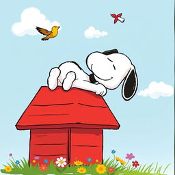 A whimsical and playful illustration of Snoopy, the famous beagle from the Peanuts comic strip, lounging on top of his iconic red doghouse, with a contented expression on his face