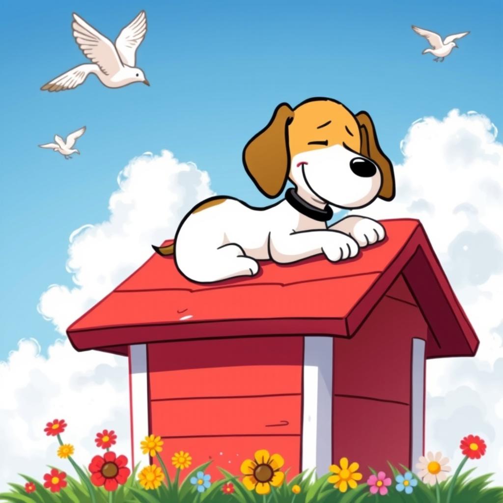 A whimsical and playful illustration of Snoopy, the famous beagle from the Peanuts comic strip, lounging on top of his iconic red doghouse, with a contented expression on his face