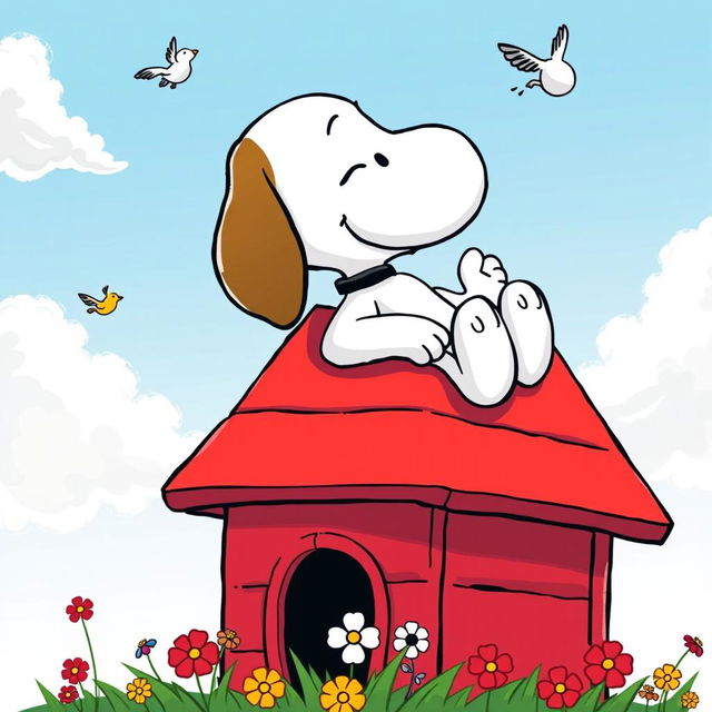 A whimsical and playful illustration of Snoopy, the famous beagle from the Peanuts comic strip, lounging on top of his iconic red doghouse, with a contented expression on his face