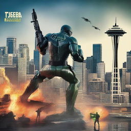 Create a vivid and attention-grabbing movie thumbnail, depicting an intense battle scene happening in Seattle with the city's iconic landmarks in the background