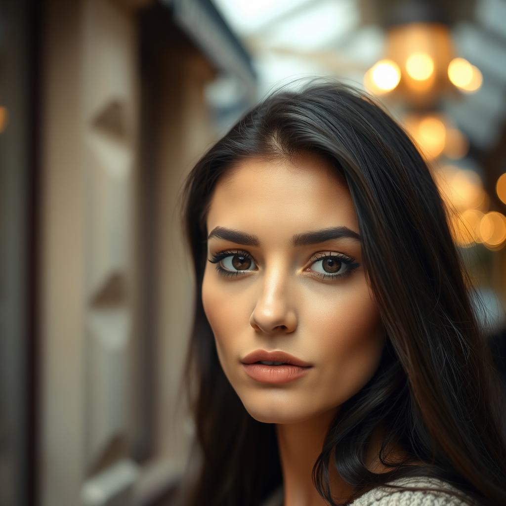 A 30-year-old French woman with natural beauty, featuring deep brown eyes and dark hair