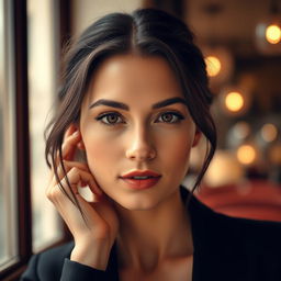 A 30-year-old French woman with natural beauty, featuring deep brown eyes and dark hair