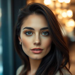 A 30-year-old French woman with natural beauty, featuring deep brown eyes and dark hair