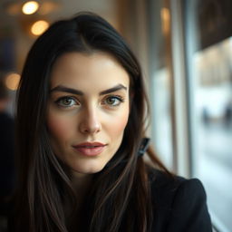 A 30-year-old French woman with natural beauty, featuring deep brown eyes and dark hair