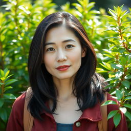 A 43-year-old woman with pale skin and dark hair, featuring Asian characteristics