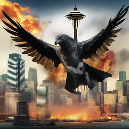 Create a vivid and attention-grabbing movie thumbnail, depicting an intense battle scene happening in Seattle with the city's iconic landmarks in the background