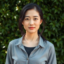 A 43-year-old woman with pale skin and dark hair, featuring Asian characteristics