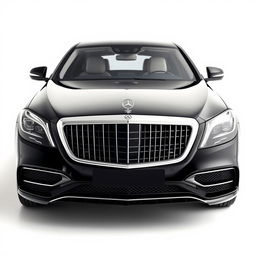 A stunning, totally black Mercedes Maybach viewed from the front, set against a completely white background