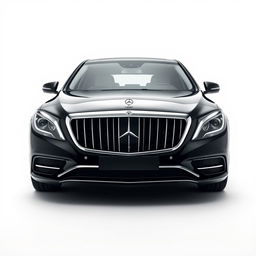 A stunning, totally black Mercedes Maybach viewed from the front, set against a completely white background