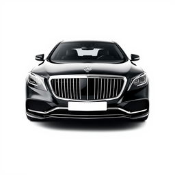 A stunning, totally black Mercedes Maybach viewed from the front, set against a completely white background