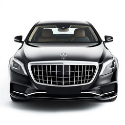 A stunning, totally black Mercedes Maybach viewed from the front, set against a completely white background