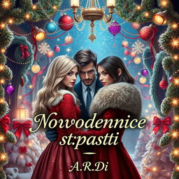 A magical book cover for a fantasy romance titled 'Новогодние страсти', featuring a blonde woman and a brunette woman, with a scared man standing protectively behind the blonde