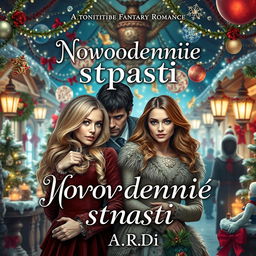 A magical book cover for a fantasy romance titled 'Новогодние страсти', featuring a blonde woman and a brunette woman, with a scared man standing protectively behind the blonde