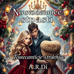 A magical book cover for a fantasy romance titled 'Новогодние страсти', featuring a blonde woman and a brunette woman, with a scared man standing protectively behind the blonde