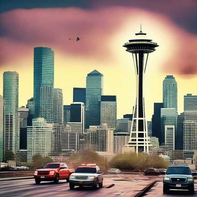 Create a vivid and attention-grabbing movie thumbnail, depicting an intense battle scene happening in Seattle with the city's iconic landmarks in the background