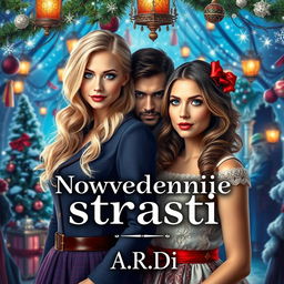 A magical book cover for a fantasy romance titled 'Новогодние страсти', featuring a blonde woman and a brunette woman, with a scared man standing protectively behind the blonde