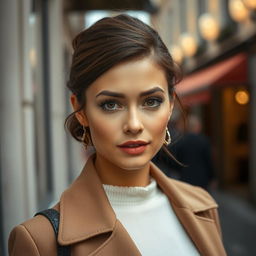 A 33-year-old woman embodying the elegance of French fashion, featuring a soft and inviting gaze