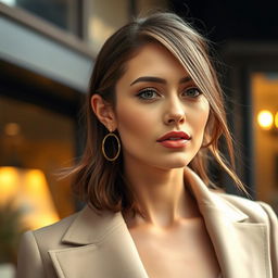 A 33-year-old woman embodying the elegance of French fashion, featuring a soft and inviting gaze