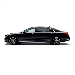 A striking, totally black Mercedes Maybach viewed from the side, set against a completely white background