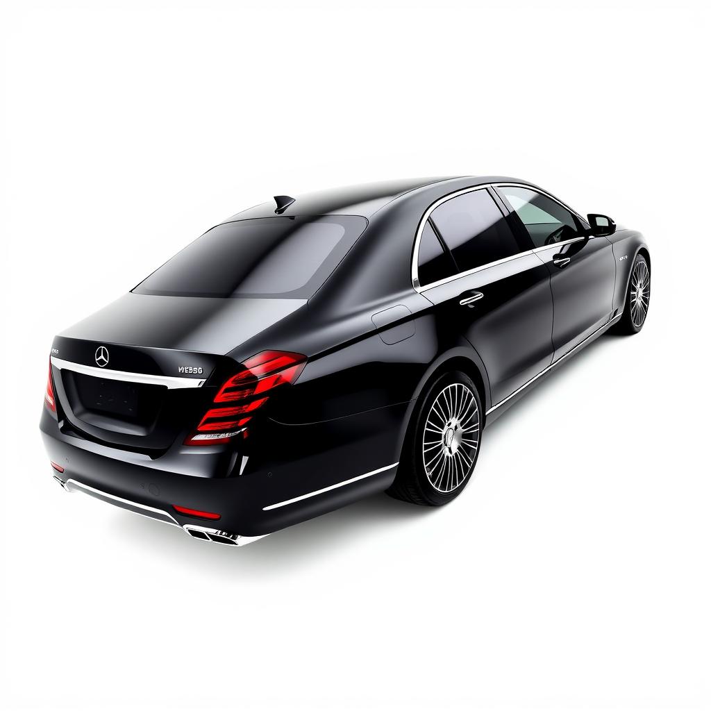 A striking, totally black Mercedes Maybach viewed from the side, set against a completely white background