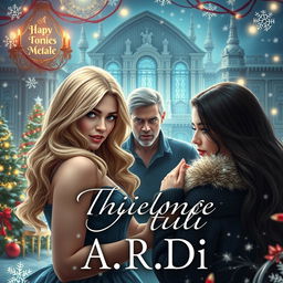 A captivating book cover for a fantasy romance featuring a blonde woman and a brunette woman, with a frightened man standing protectively behind the blonde