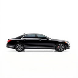 A luxurious black Mercedes Maybach elegantly displayed against a completely white background, showcasing the side profile of the vehicle