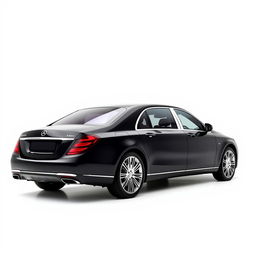 A luxurious black Mercedes Maybach elegantly displayed against a completely white background, showcasing the side profile of the vehicle