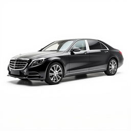 A luxurious black Mercedes Maybach elegantly displayed against a completely white background, showcasing the side profile of the vehicle