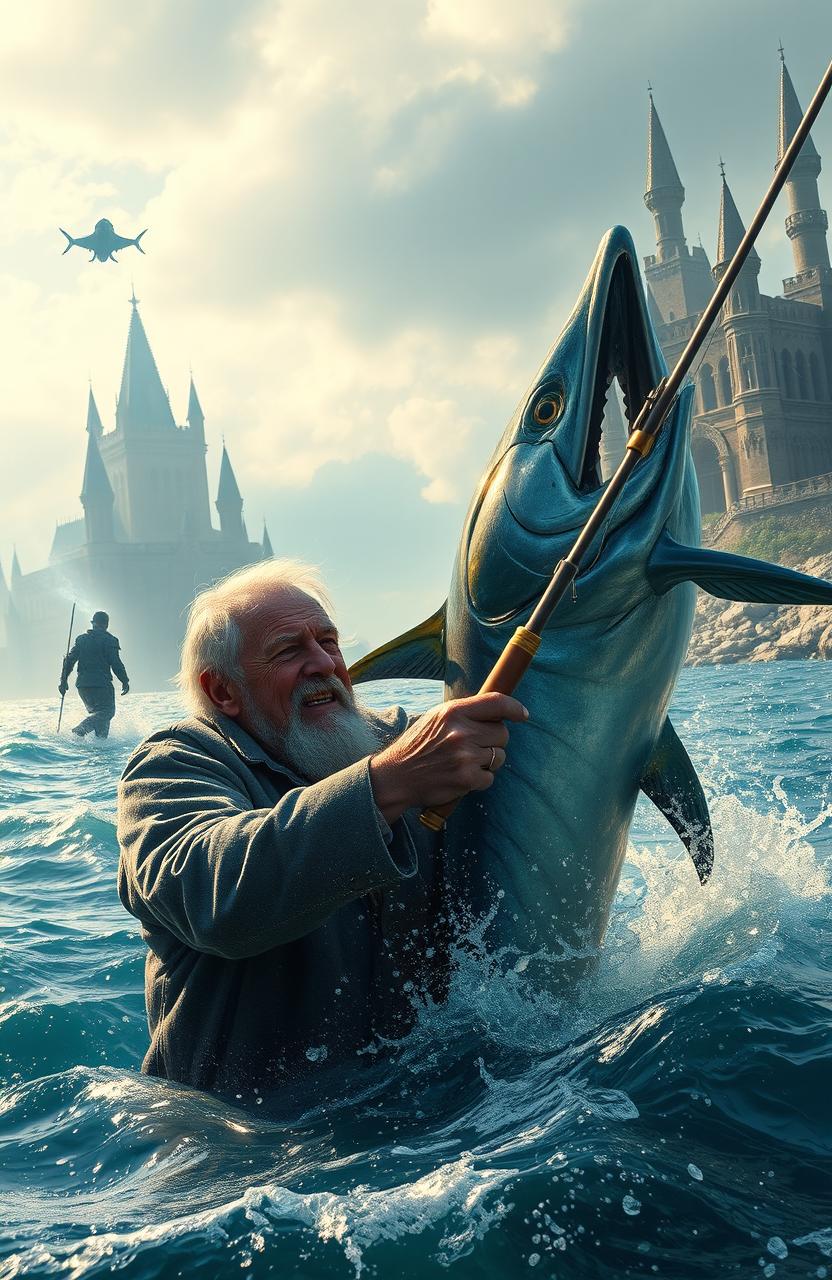 An old fisherman struggling to catch a massive enchanted marlin, showcasing his weathered hands gripping a fishing rod with determination