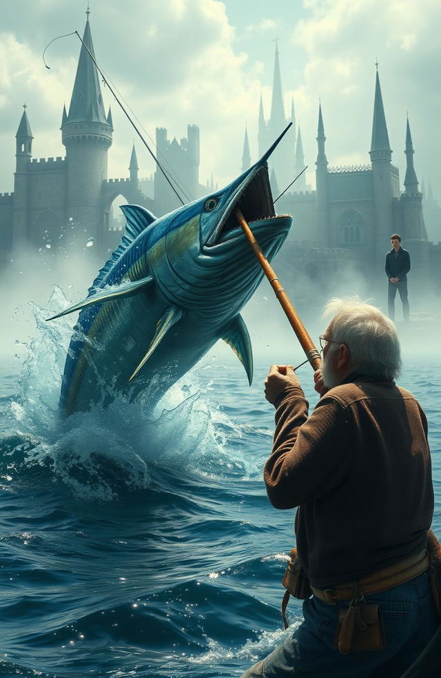 An old fisherman struggling to catch a massive enchanted marlin, showcasing his weathered hands gripping a fishing rod with determination