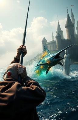 An old fisherman struggling to catch a massive enchanted marlin, showcasing his weathered hands gripping a fishing rod with determination
