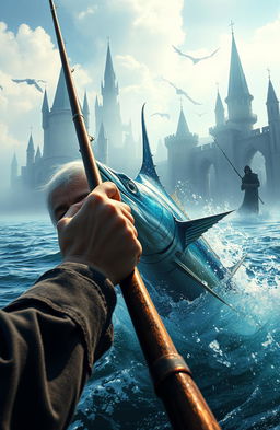 An old fisherman struggling to catch a massive enchanted marlin, showcasing his weathered hands gripping a fishing rod with determination