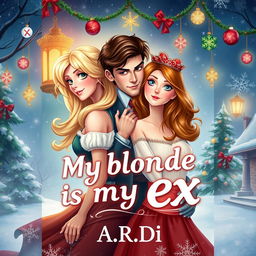 An enchanting book cover for a fantasy romance titled 'My blonde is my ex', showcasing a blonde woman, a brunette woman, and a frightened man who stands protectively behind the blonde