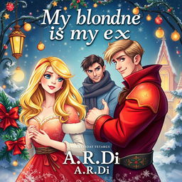 An enchanting book cover for a fantasy romance titled 'My blonde is my ex', showcasing a blonde woman, a brunette woman, and a frightened man who stands protectively behind the blonde