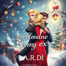 An enchanting book cover for a fantasy romance titled 'My blonde is my ex', showcasing a blonde woman, a brunette woman, and a frightened man who stands protectively behind the blonde