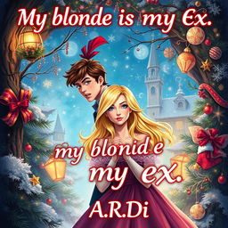 An enchanting book cover for a fantasy romance titled 'My blonde is my ex', showcasing a blonde woman, a brunette woman, and a frightened man who stands protectively behind the blonde
