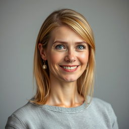 Портрет 38-летней женщины по имени Анна, с длинными светлыми волосами, свободно падающими на плечи, и яркими голубыми глазами, которые излучают тепло и дружелюбие