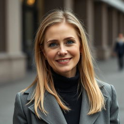 Портрет 38-летней женщины по имени Анна, с длинными светлыми волосами, которые элегантно падают на плечи, и яркими голубыми глазами, полными тепла и дружелюбия