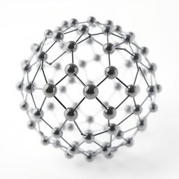 Spherical carbon nanoparticles with a graphene structure, forming a larger crystalline network in the shape of a sphere, showcased against a clean white background