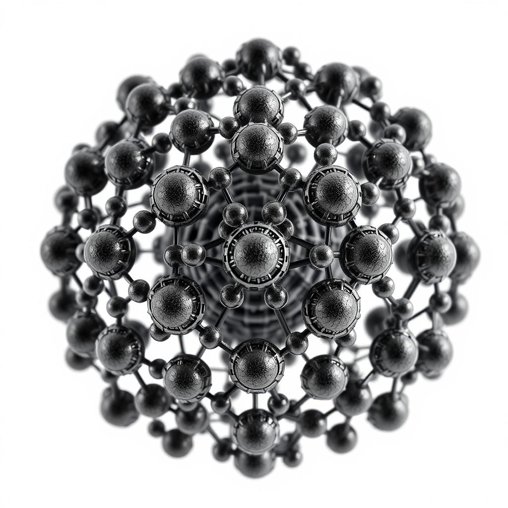 Spherical carbon nanoparticles with a graphene structure, forming a larger crystalline network in the shape of a sphere, showcased against a clean white background