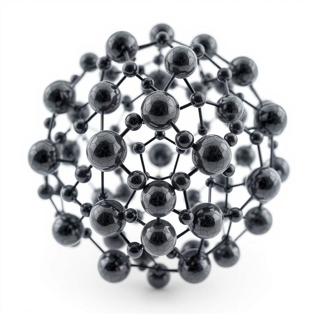 Spherical carbon nanoparticles with a graphene structure, forming a larger crystalline network in the shape of a sphere, showcased against a clean white background