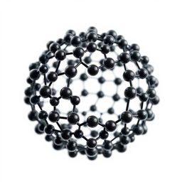 Spherical carbon nanoparticles with a graphene structure, forming a larger crystalline network in the shape of a sphere, showcased against a clean white background