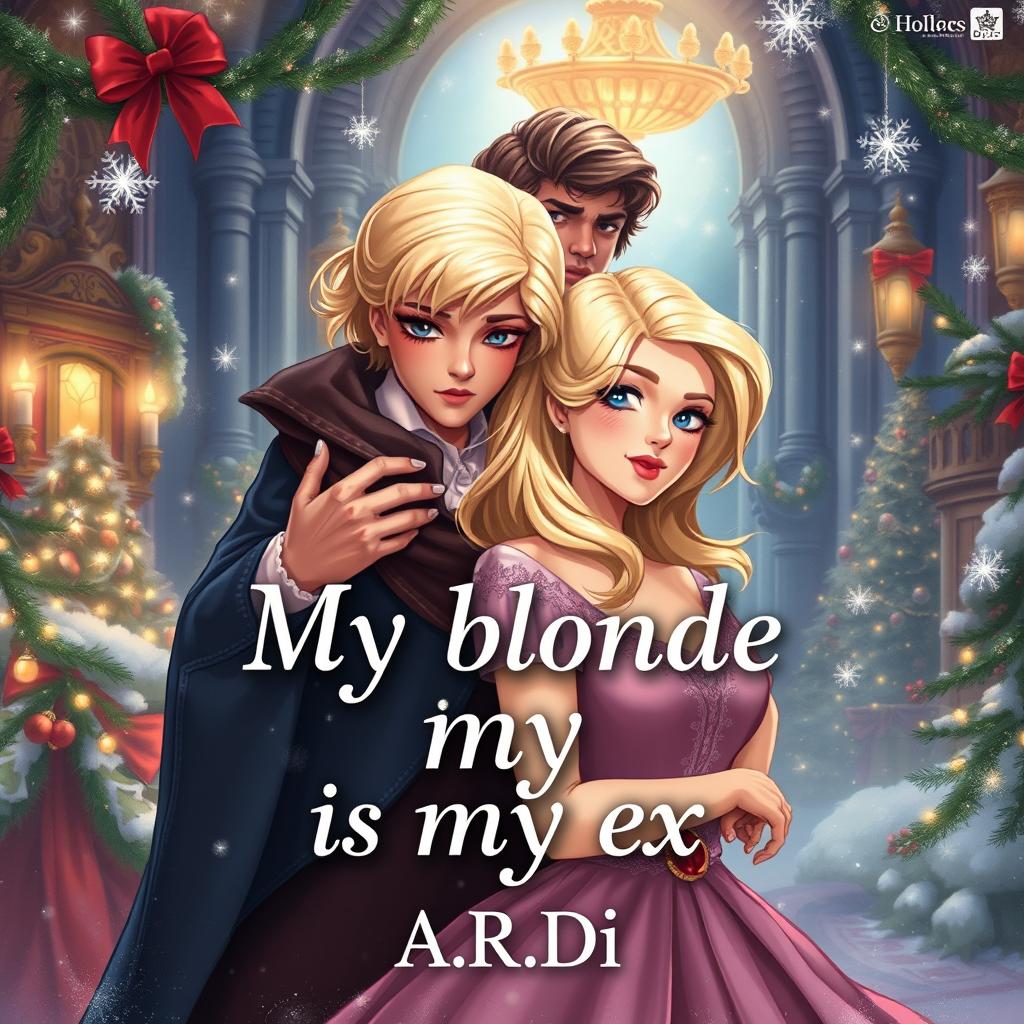 A beautifully illustrated book cover for a fantasy romance titled 'My blonde is my ex', depicting a blonde woman and a brunette woman, with a frightened man standing protectively behind the blonde