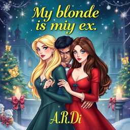 A beautifully illustrated book cover for a fantasy romance titled 'My blonde is my ex', depicting a blonde woman and a brunette woman, with a frightened man standing protectively behind the blonde