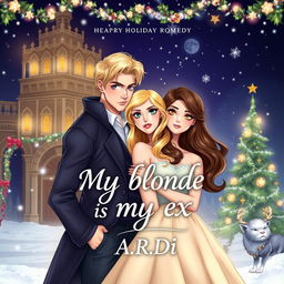 A beautifully illustrated book cover for a fantasy romance titled 'My blonde is my ex', depicting a blonde woman and a brunette woman, with a frightened man standing protectively behind the blonde