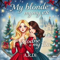 A beautifully illustrated book cover for a fantasy romance titled 'My blonde is my ex', depicting a blonde woman and a brunette woman, with a frightened man standing protectively behind the blonde