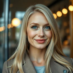 Портрет 38-летней женщины по имени Анна, с длинными светлыми волосами, аккуратно уложенными и освещенными мягким светом, и яркими голубыми глазами, полными жизненной энергией
