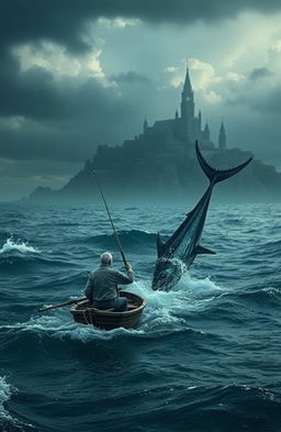An old fisherman struggling to catch a huge enchanted marlin while on a small, flimsy boat
