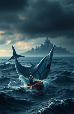 An old fisherman struggling to catch a huge enchanted marlin while on a small, flimsy boat