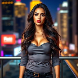 A beautiful 37-year-old Latin woman with Brazilian features, showcasing elegant and sexy clothing that accentuates her curves
